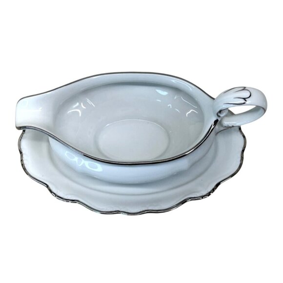 Johann Haviland Platinum Baroque White Gravy Boat with Attached Underplate - Picture 7 of 12